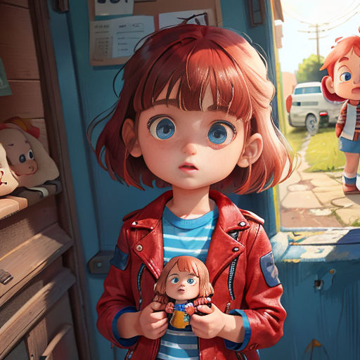 a girl holding a doll in a room with other dolls on the wall and a door in the background