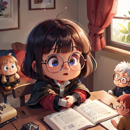 a group of children sitting at a table with books and a doll in the background, with a harry potter book in front of them