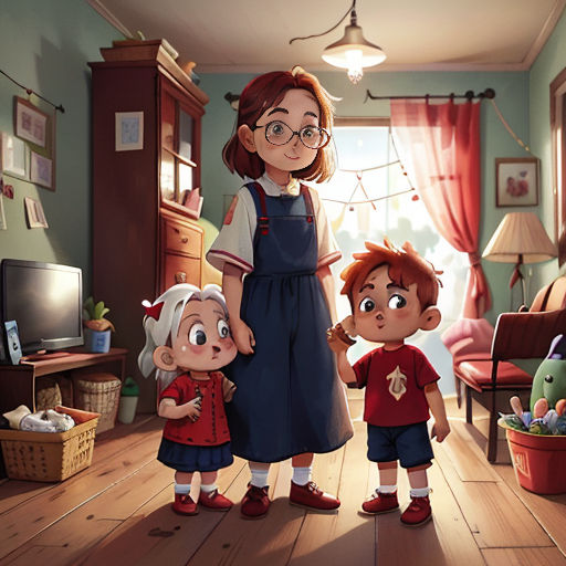a woman and two children standing in a room with a tv and a window in the background, and a baby in the foreground