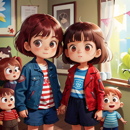 a group of children standing next to each other in a room with a window and a painting on the wall