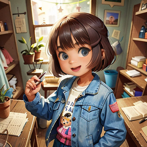 a girl in a room with a desk and a computer screen and a plant in the corner of the room