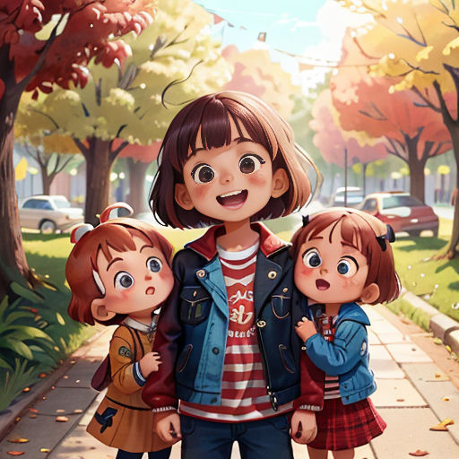 a woman and two children standing on a sidewalk in the fall with leaves on the ground and a car in the background