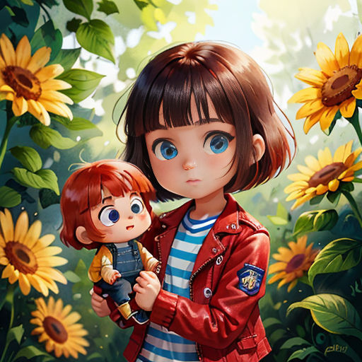a girl holding a doll in a field of sunflowers with a boy in her arms and a girl in her lap
