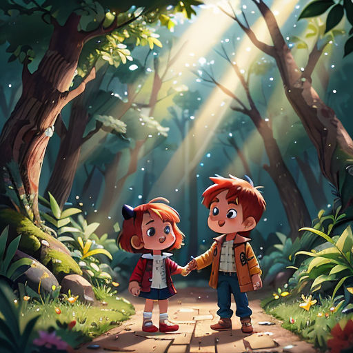 two children holding hands in a forest with sunlight streaming through the trees and leaves on the ground, with a path leading to them