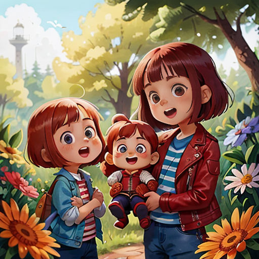 a woman holding a child in a park with flowers and trees in the background and a child in the foreground
