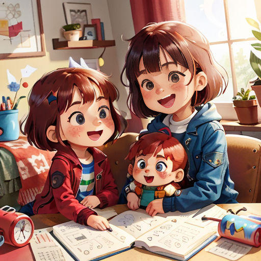 a mother and two children are sitting at a table with a book and a toy car in front of them