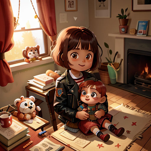 a girl holding a baby sitting on a table in front of a fire place with a teddy bear and a teddy bear