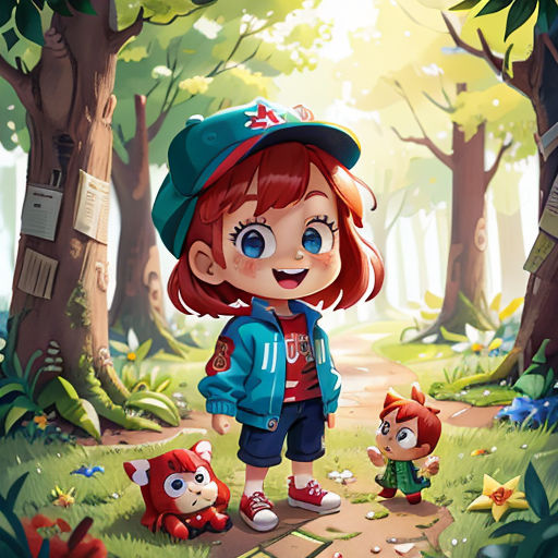 a girl and a boy are standing in the woods together, with a forest background and a path leading to a sign