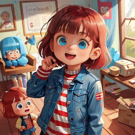 a girl in a room with a doll and a stuffed animal in the corner of the room, and a doll in the corner of the room