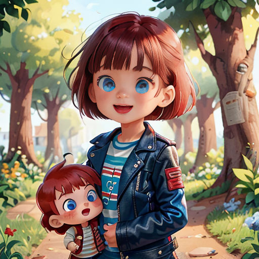 a girl holding a doll in a park with trees and flowers in the background, and a boy in a blue jacket and jeans