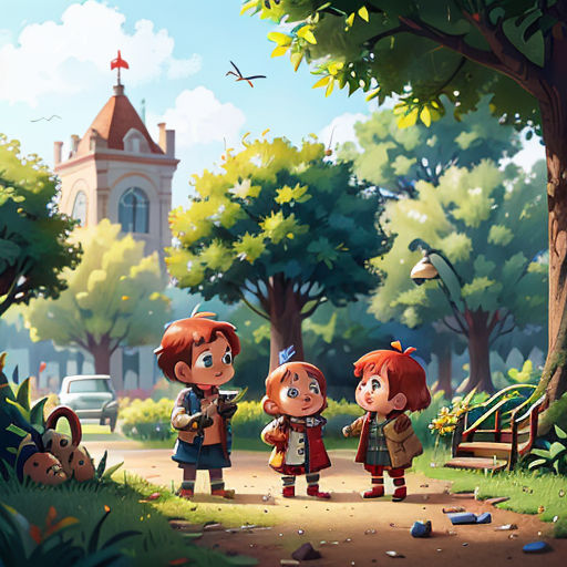 a group of children standing in a park next to a tree and a bench with a clock tower in the background