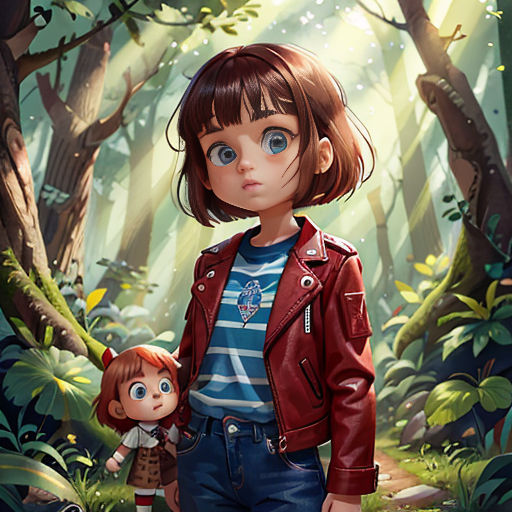 a girl and a boy are standing in the woods together, with a red jacket on and a blue shirt on