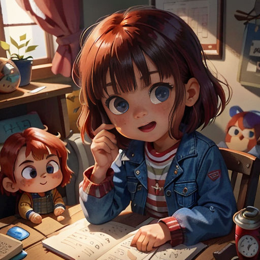 a girl sitting at a table with a book and a doll next to her, reading a book with a magnifying glass