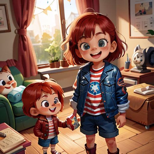 a cartoon of a girl and a boy holding hands in a living room with a cat on the floor