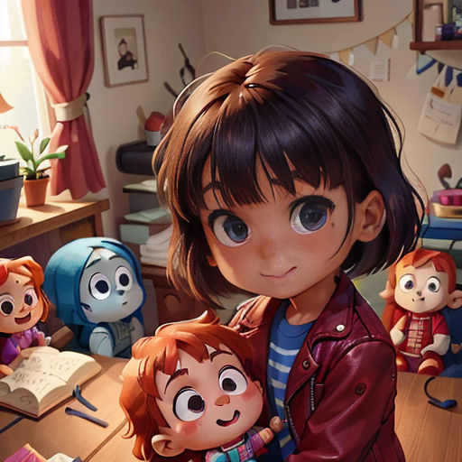 a girl holding a doll in a room with other dolls in the background and a book on the table