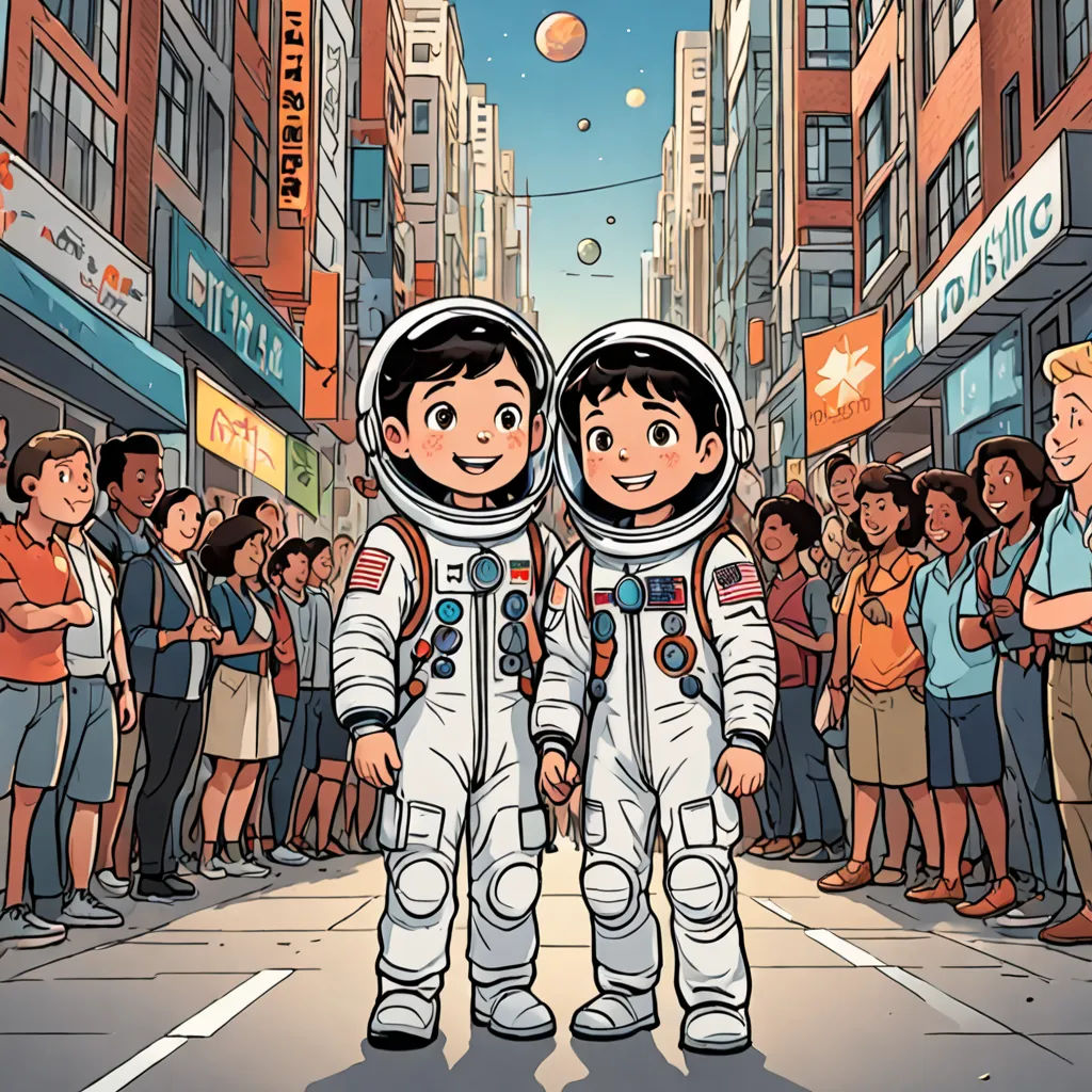 two astronauts standing in the middle of a crowded street with people watching them from the sidelines of the street, space art, a storybook illustration, Asaf Hanuka, josan gonzales and dan mumford