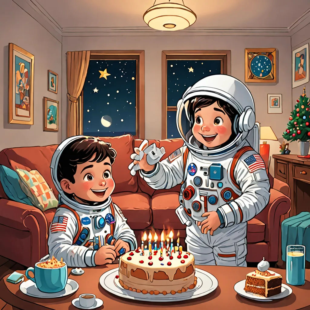 a boy and girl in space suits are celebrating a birthday cake with candles on it and a cake with candles on it, space art, a storybook illustration, Diego Gisbert Llorens, storybook illustration