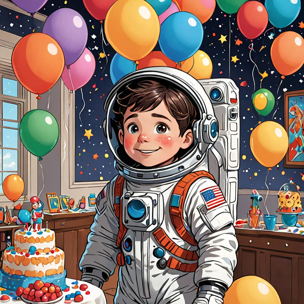 a boy in a space suit standing in front of a cake and balloons with a birthday cake on the table, space art, a storybook illustration, Diego Gisbert Llorens, josan gonzales and dan mumford
