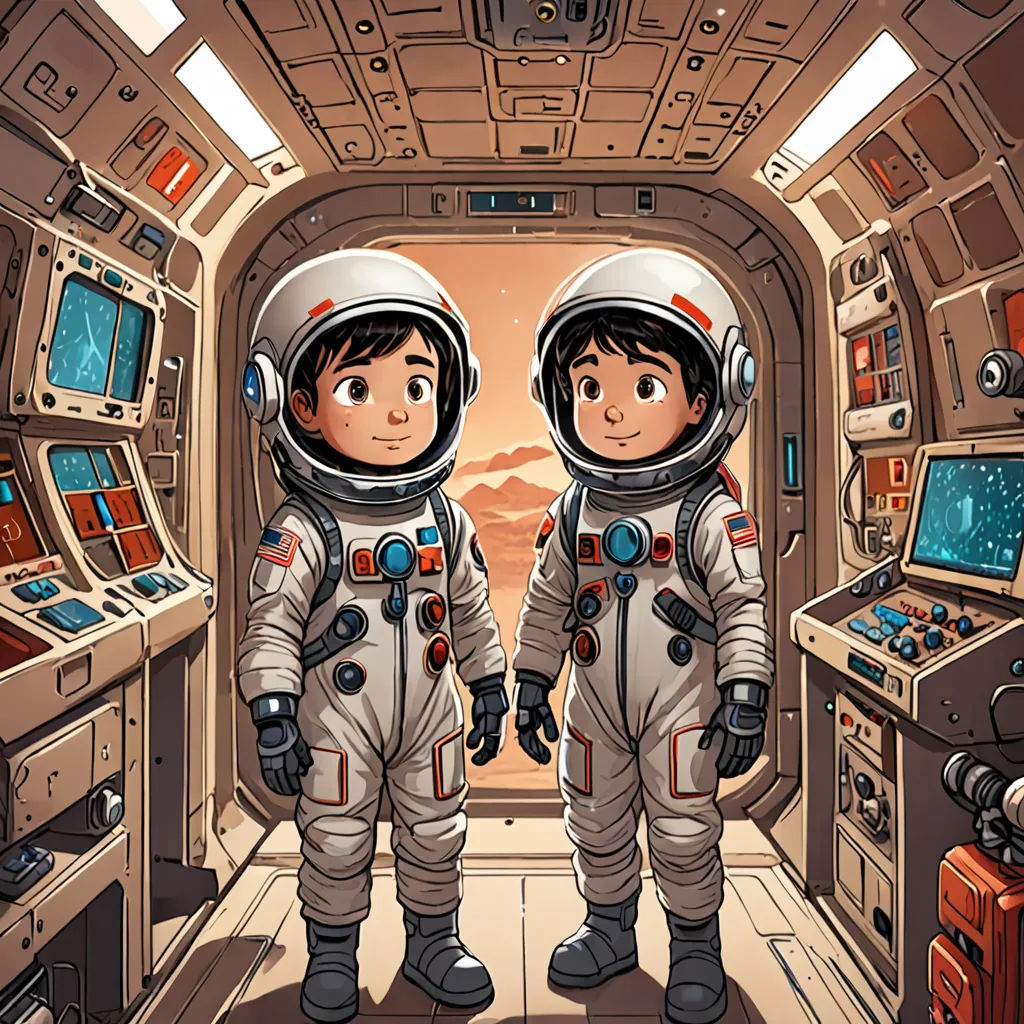 two astronauts standing in a space station looking at the computer screen and monitor screen on the wall behind them, space art, a storybook illustration, Diego Gisbert Llorens, josan gonzales and dan mumford