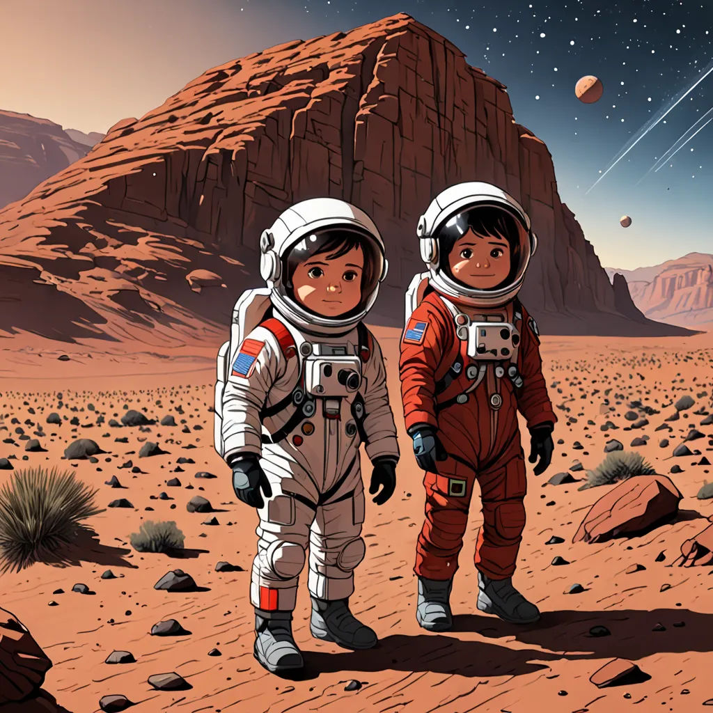 two astronauts standing in the desert with a mountain in the background and a star filled sky above them, with a distant planet in the distance, space art, a detailed matte painting, Asaf Hanuka, josan gonzales and dan mumford