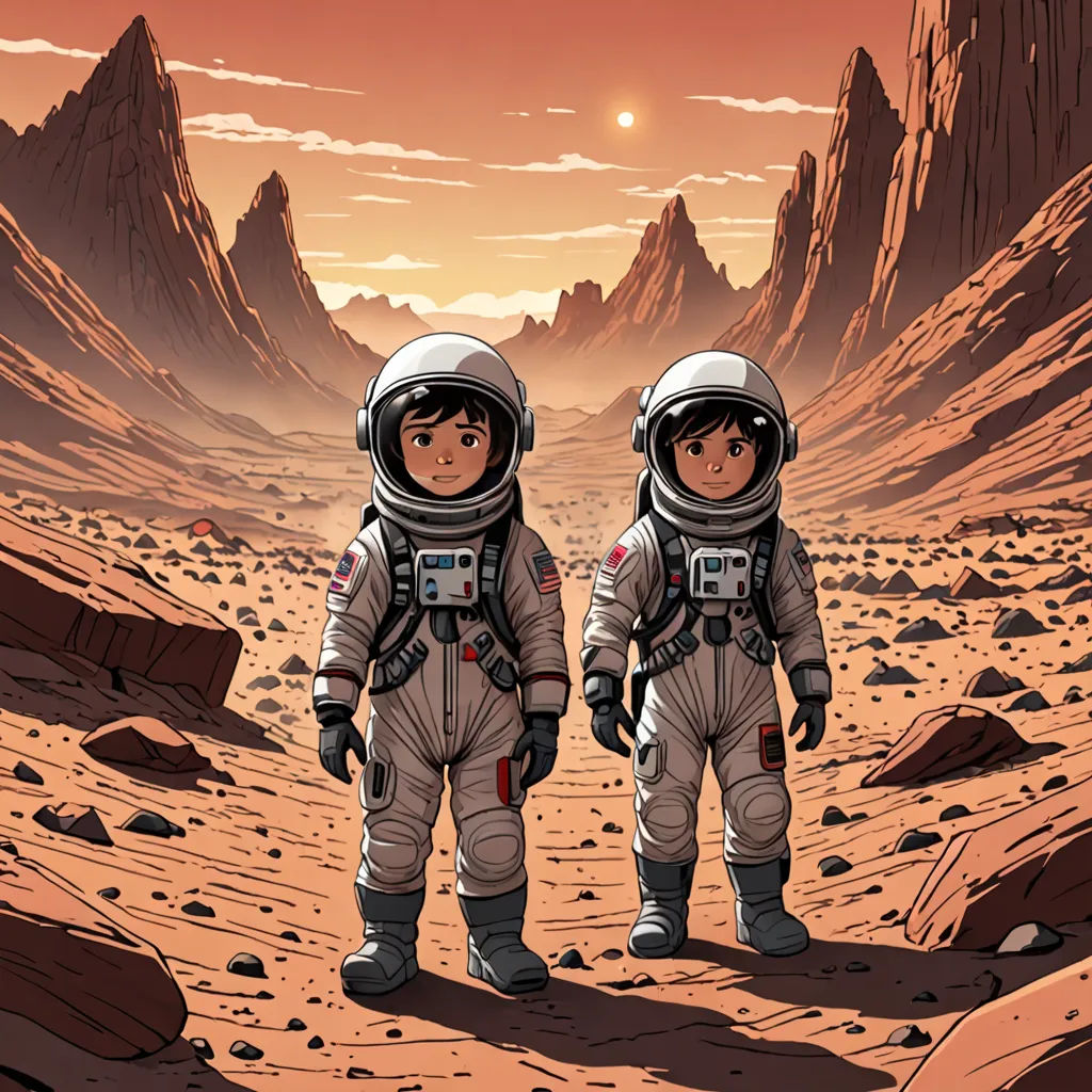 two astronauts standing in the desert at sunset with mountains in the background and a sun setting in the distance, space art, poster art, Asaf Hanuka, yukito kishiro