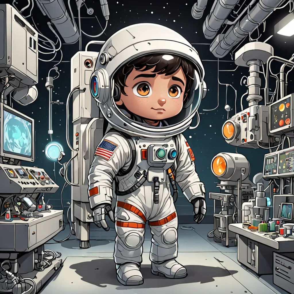 a cartoon of a boy in a space suit standing in a room with a computer and other equipment on the floor, space art, a storybook illustration, Diego Gisbert Llorens, josan gonzales and dan mumford
