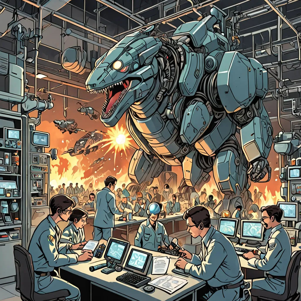 a group of men sitting at a table in front of computers and a giant robot in a factory with a huge dinosaur, auto-destructive art, a comic book panel, Christopher Moeller, laurie greasley