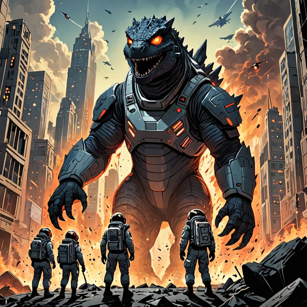 a group of people standing in front of a giant monster in a city with a sky background that has a lot of buildings, sots art, poster art, Dan Mumford, laurie greasley