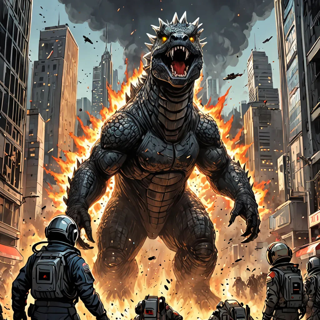a godzilla is surrounded by soldiers in a city setting with a huge godzilla in the background, with a city skyline in the background, sots art, a comic book panel, Dan Mumford, laurie greasley