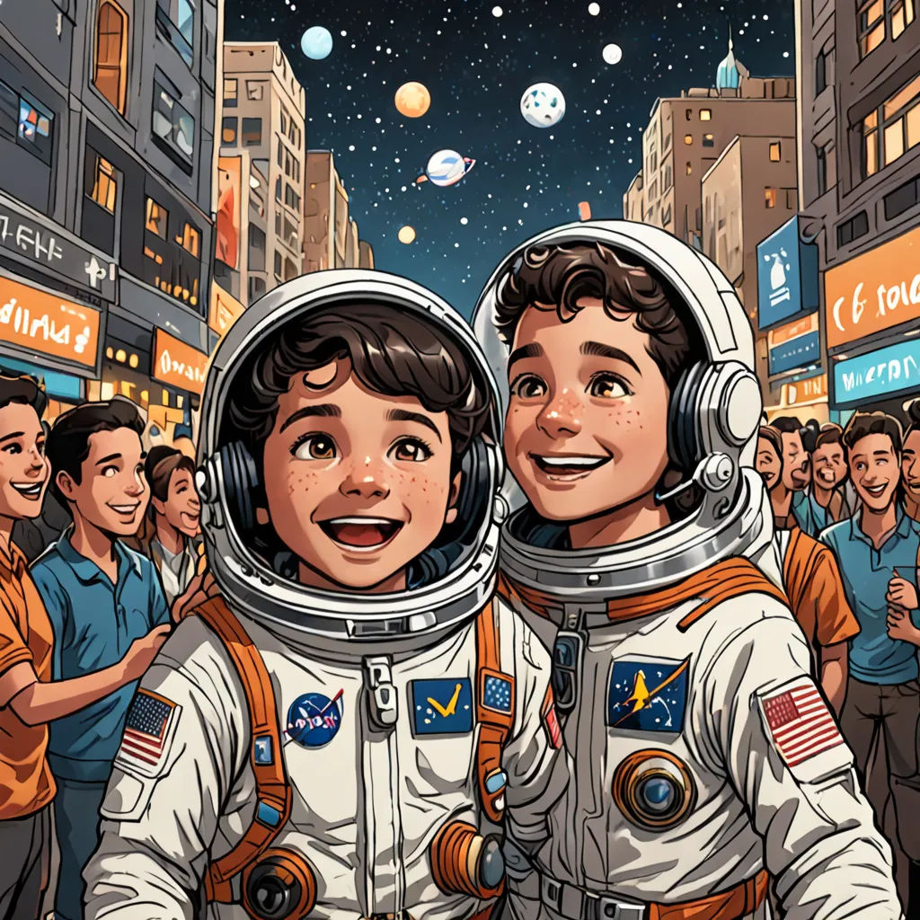 two people in spacesuits standing in a crowded street with people looking up at them and a crowd of people standing around them, space art, a storybook illustration, Asaf Hanuka, josan gonzales and dan mumford