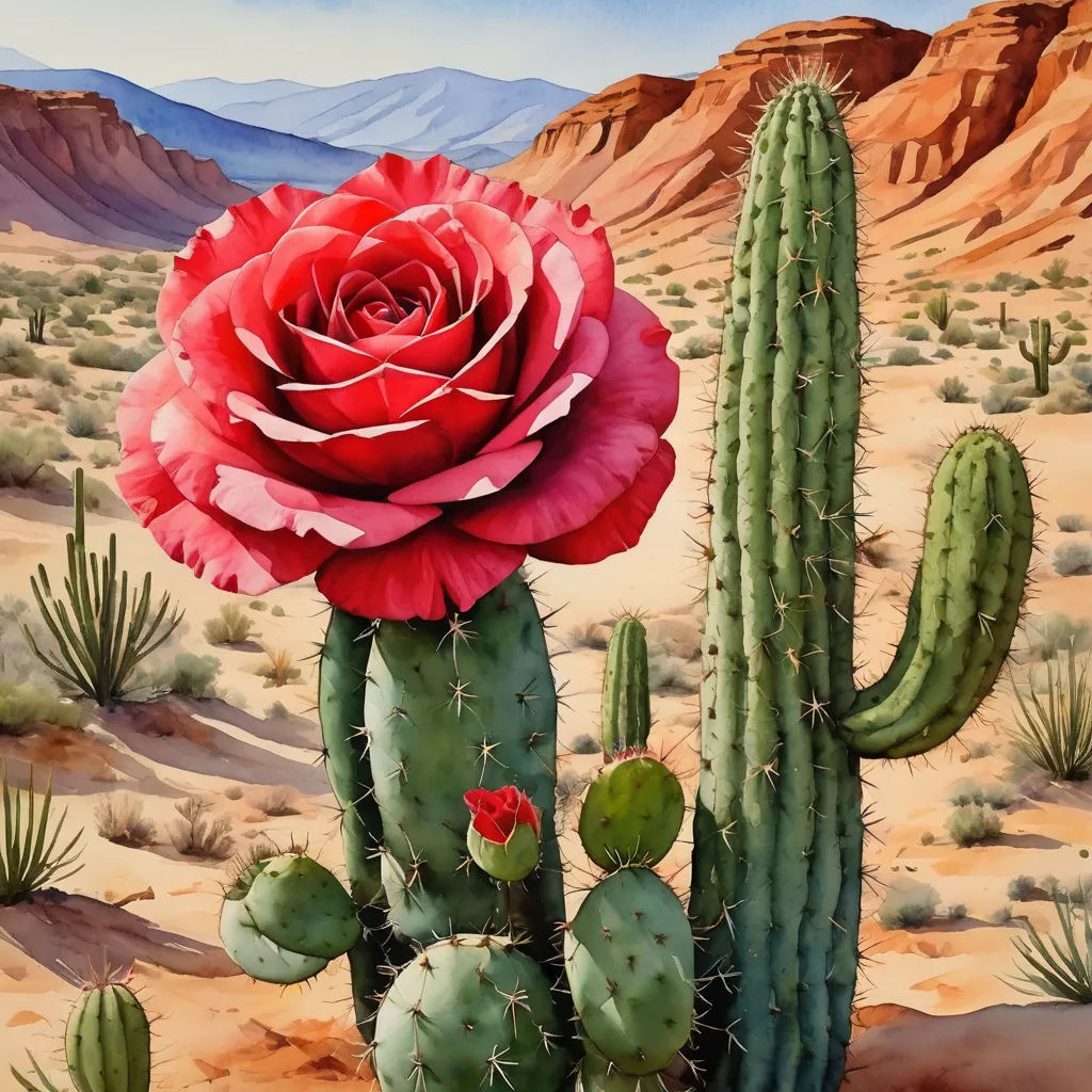 a painting of a red flower on a cactus in the desert with mountains in the background and a sky background, american scene painting, an airbrush painting, David A Hardy, in gouache detailed paintings