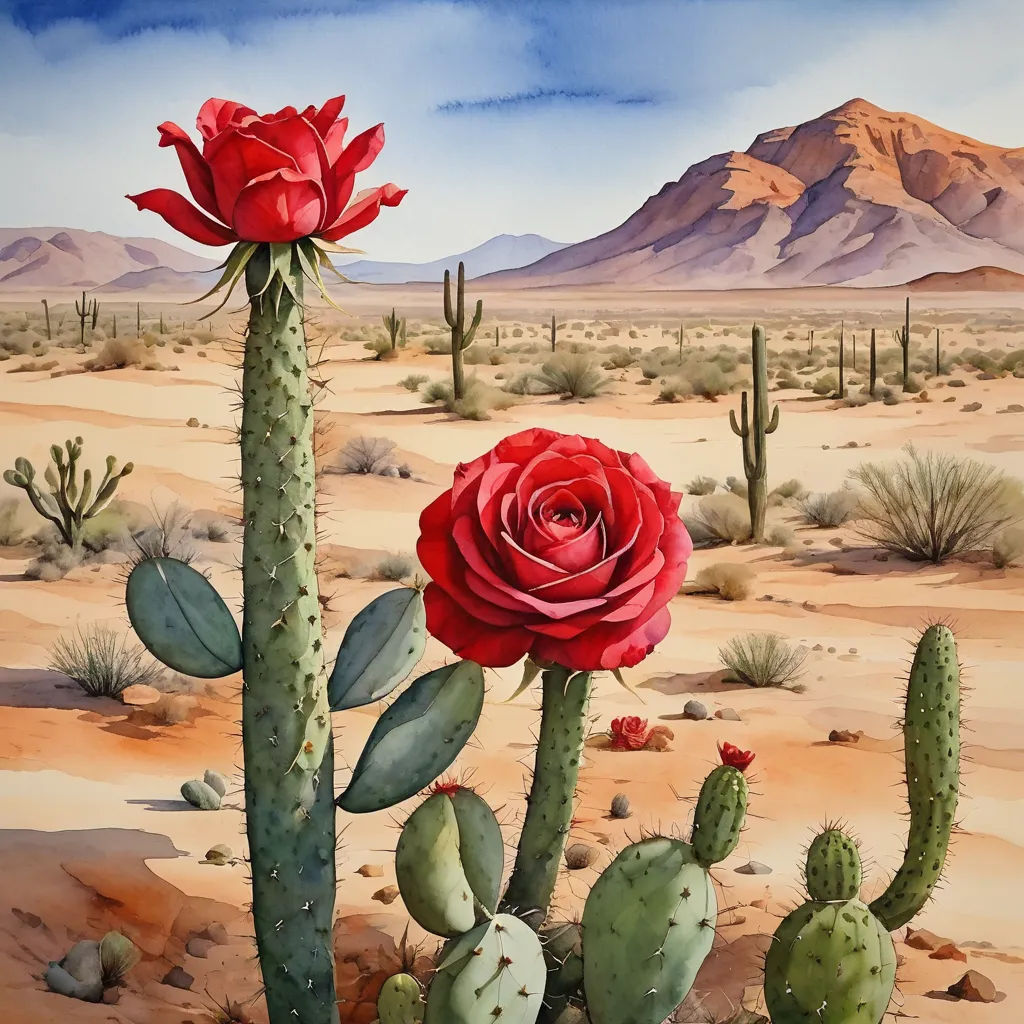 a painting of a desert with a red rose and a cactus in the foreground and a mountain in the background, american scene painting, an airbrush painting, Carol Sutton, in gouache detailed paintings