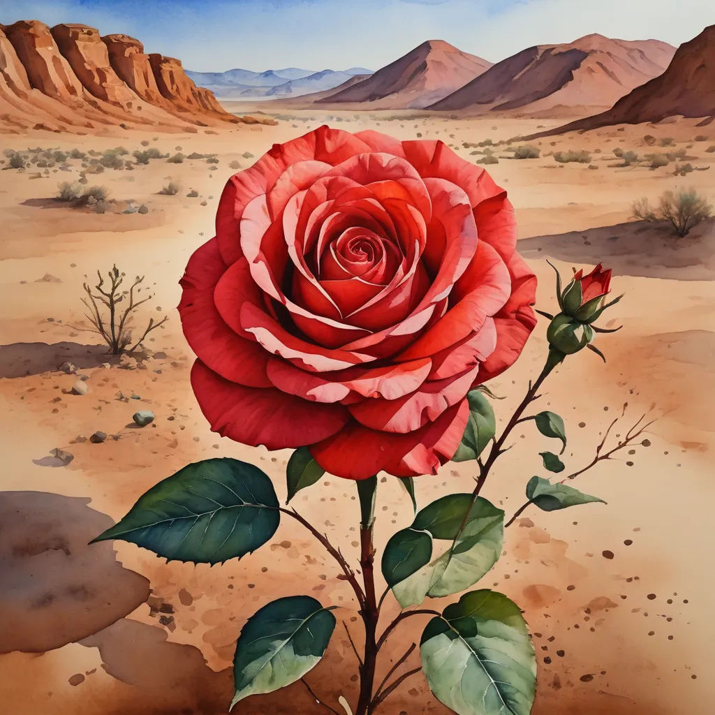 a painting of a rose in the desert with mountains in the background and a blue sky in the background, photorealism, an airbrush painting, David A Hardy, in gouache detailed paintings