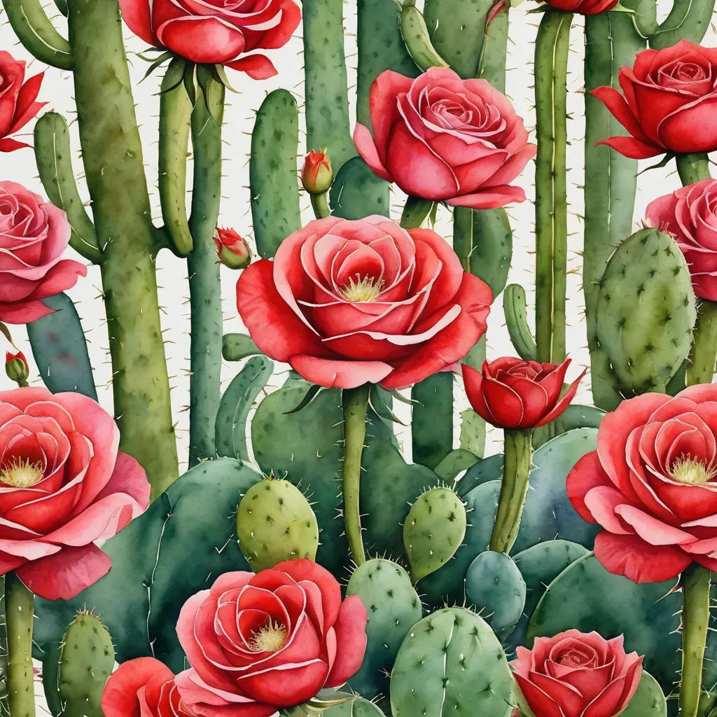 a painting of a cactus with red flowers and green leaves on a white background with a white background with a white border, folk art, a watercolor painting, Alison Watt, in gouache detailed paintings