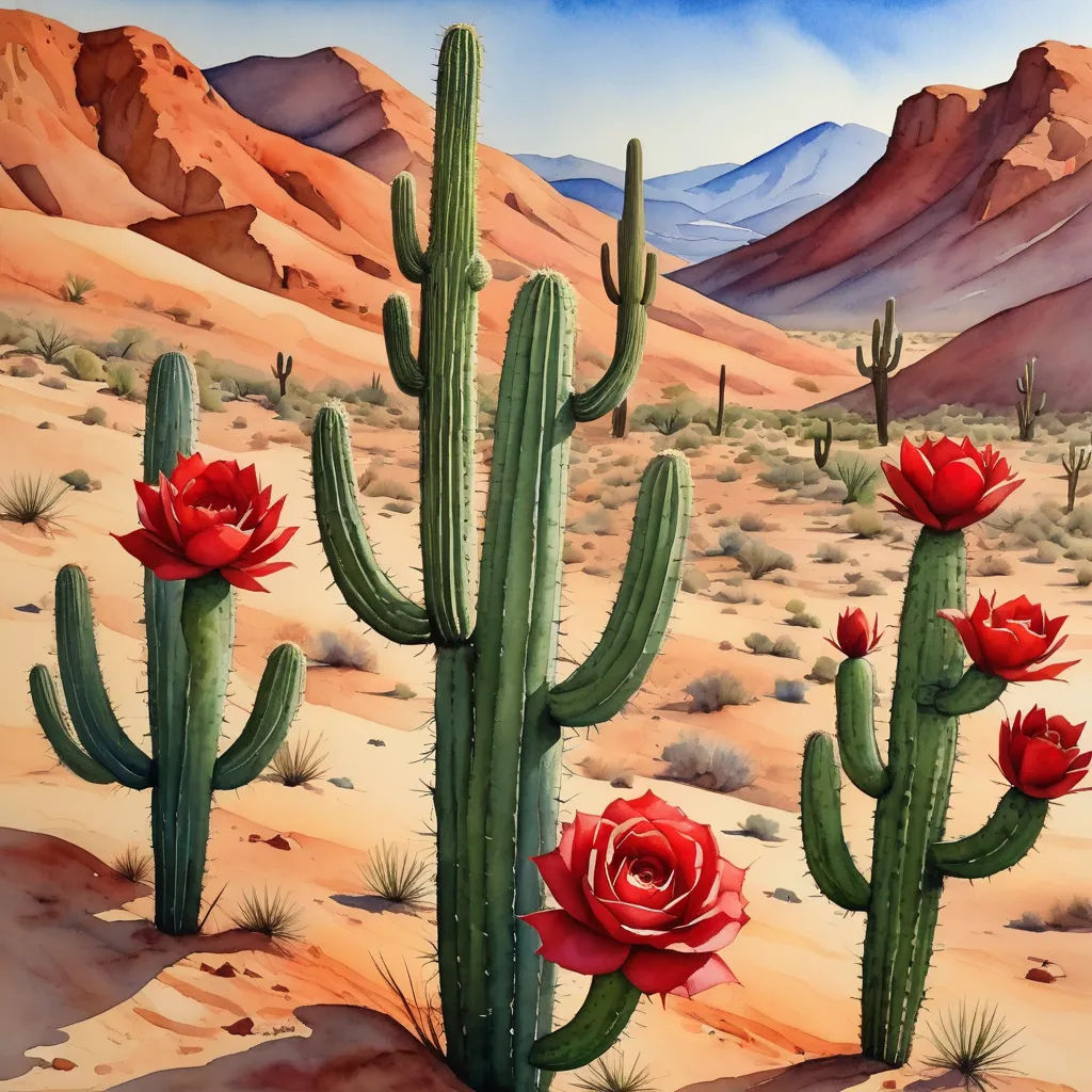 a painting of a desert with cactus and mountains in the background and a sky background with clouds and a few red flowers, american scene painting, an airbrush painting, Carol Sutton, in gouache detailed paintings