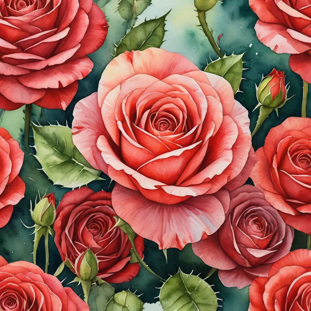 a painting of red roses with green leaves on a green background with watercolor effect and a splash of paint, rococo, a detailed painting, Claire Hummel, in gouache detailed paintings