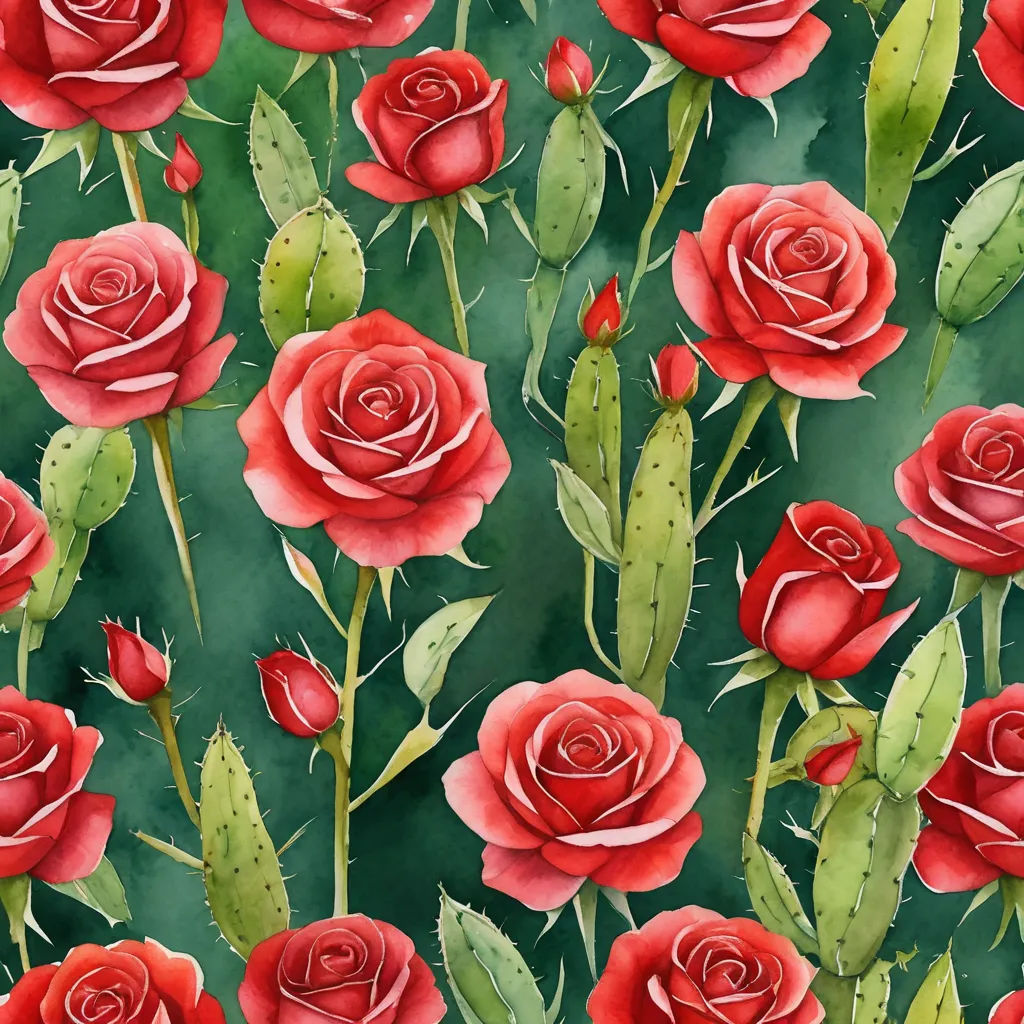 a painting of red roses with green leaves on a green background with a green stem and leaves on the stem, folk art, a detailed painting, Claire Hummel, in gouache detailed paintings
