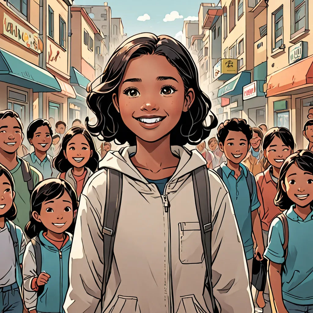 a cartoon of a girl standing in front of a crowd of people in a city street with buildings and buildings, process art, a comic book panel, Basuki Abdullah, comic cover art