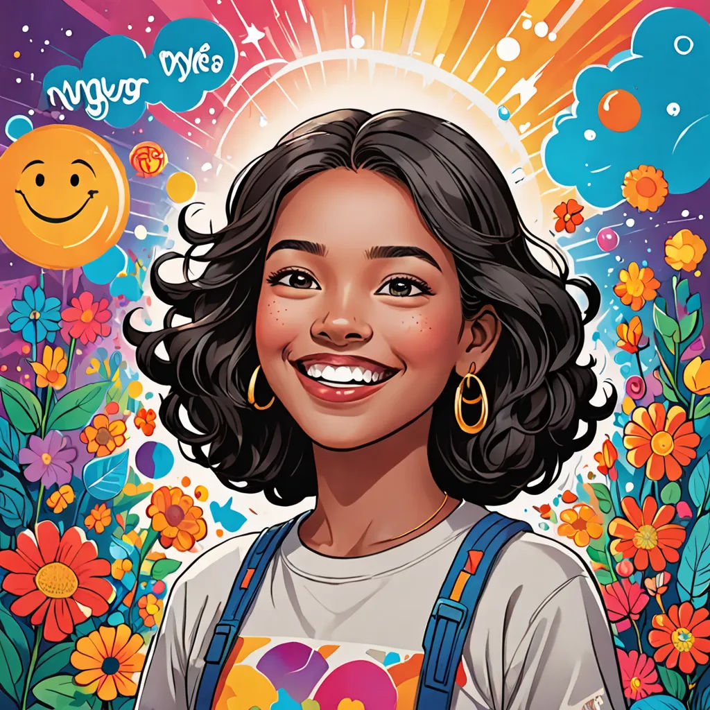 a woman with a smile on her face and flowers around her neck and a sun in the background with a flowery sky, space art, an album cover, Chinwe Chukwuogo-Roy, comic cover art