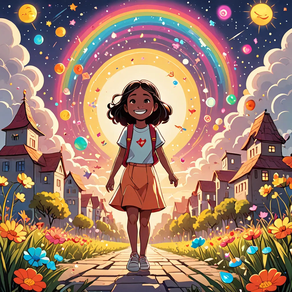 a girl walking down a path with a rainbow in the background and a rainbow in the sky above her, space art, an album cover, Chris LaBrooy, comic cover art