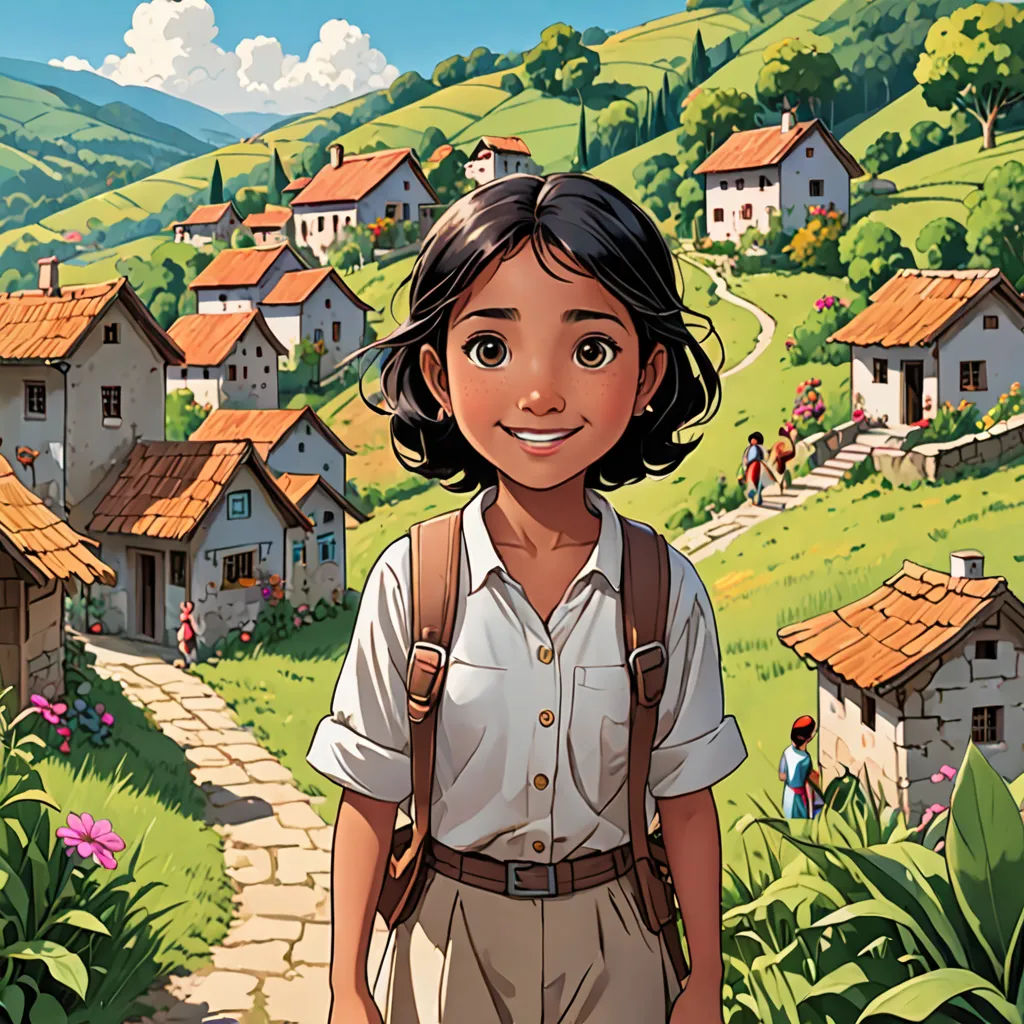 a cartoon girl standing in front of a village with a path leading to a village with a red roof, magical realism, a storybook illustration, Diego Gisbert Llorens, comic cover art