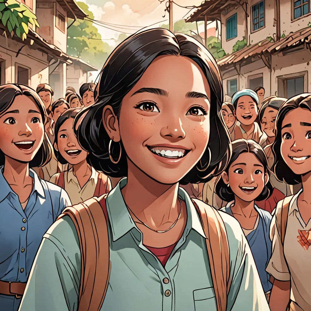 a woman standing in front of a crowd of people with a smile on her face and a backpack on her shoulder, socialist realism, a comic book panel, Basuki Abdullah, comic cover art