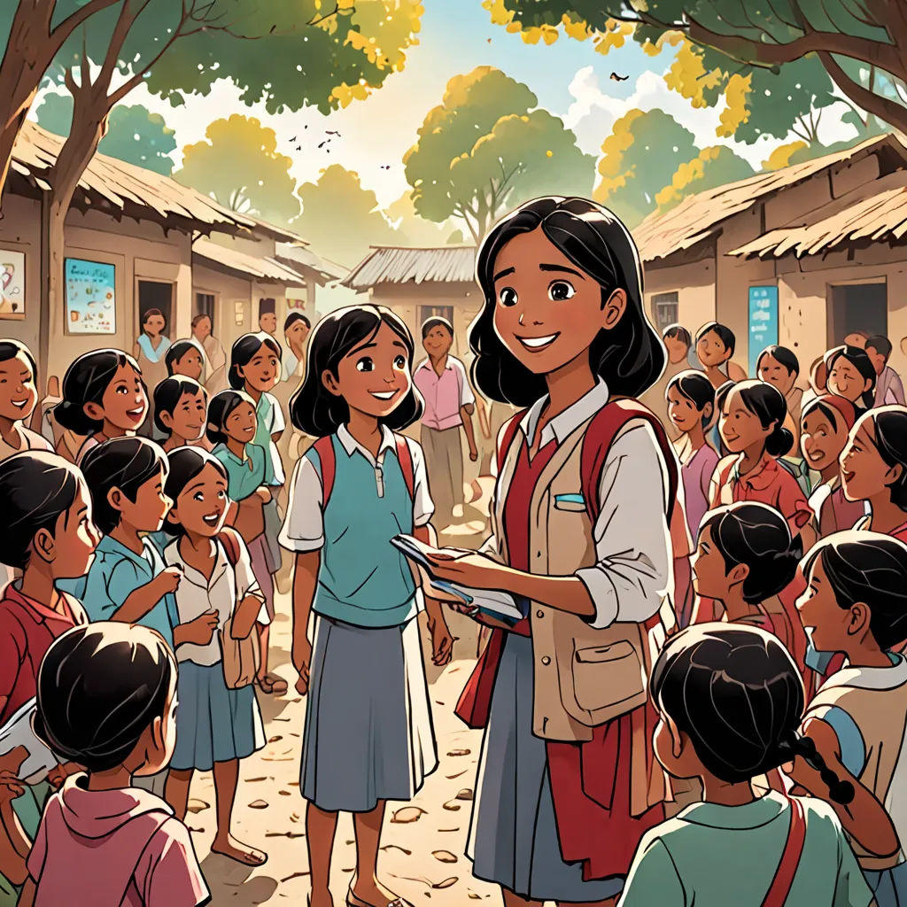 a cartoon of a woman standing in front of a group of children in a village with a teacher in the background, samikshavad, a storybook illustration, Ella Guru, comic cover art
