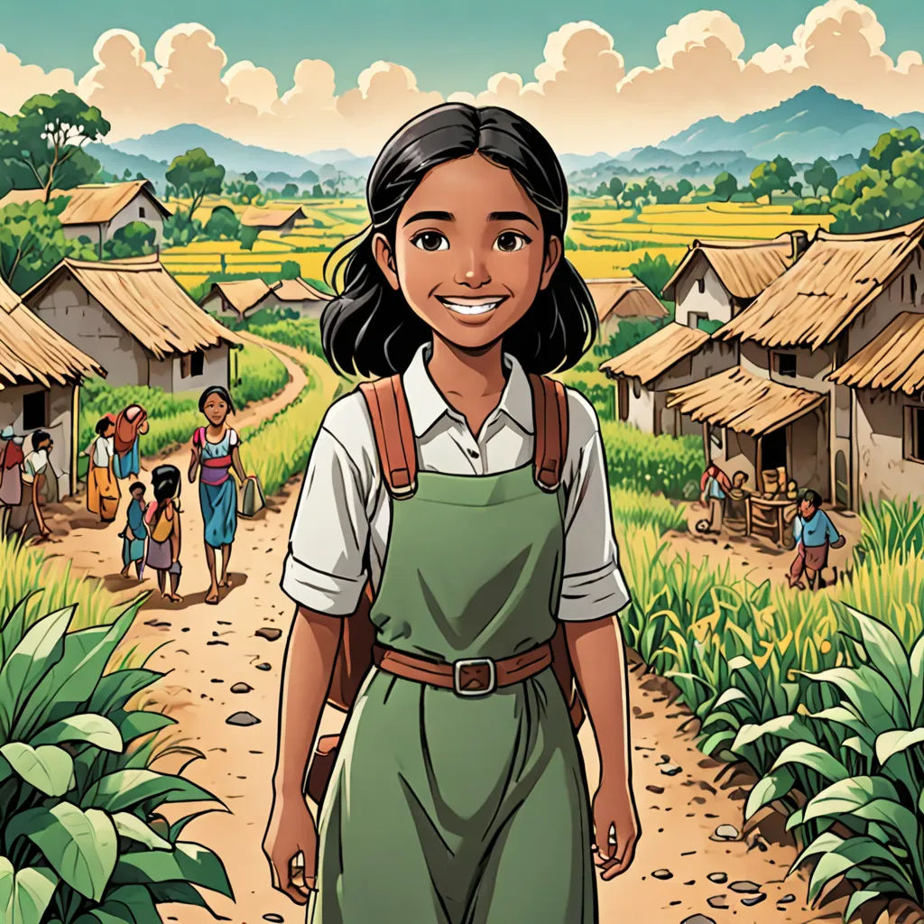 a cartoon of a woman in overalls standing in front of a village with a farmer's field, private press, a comic book panel, Ella Guru, comic cover art