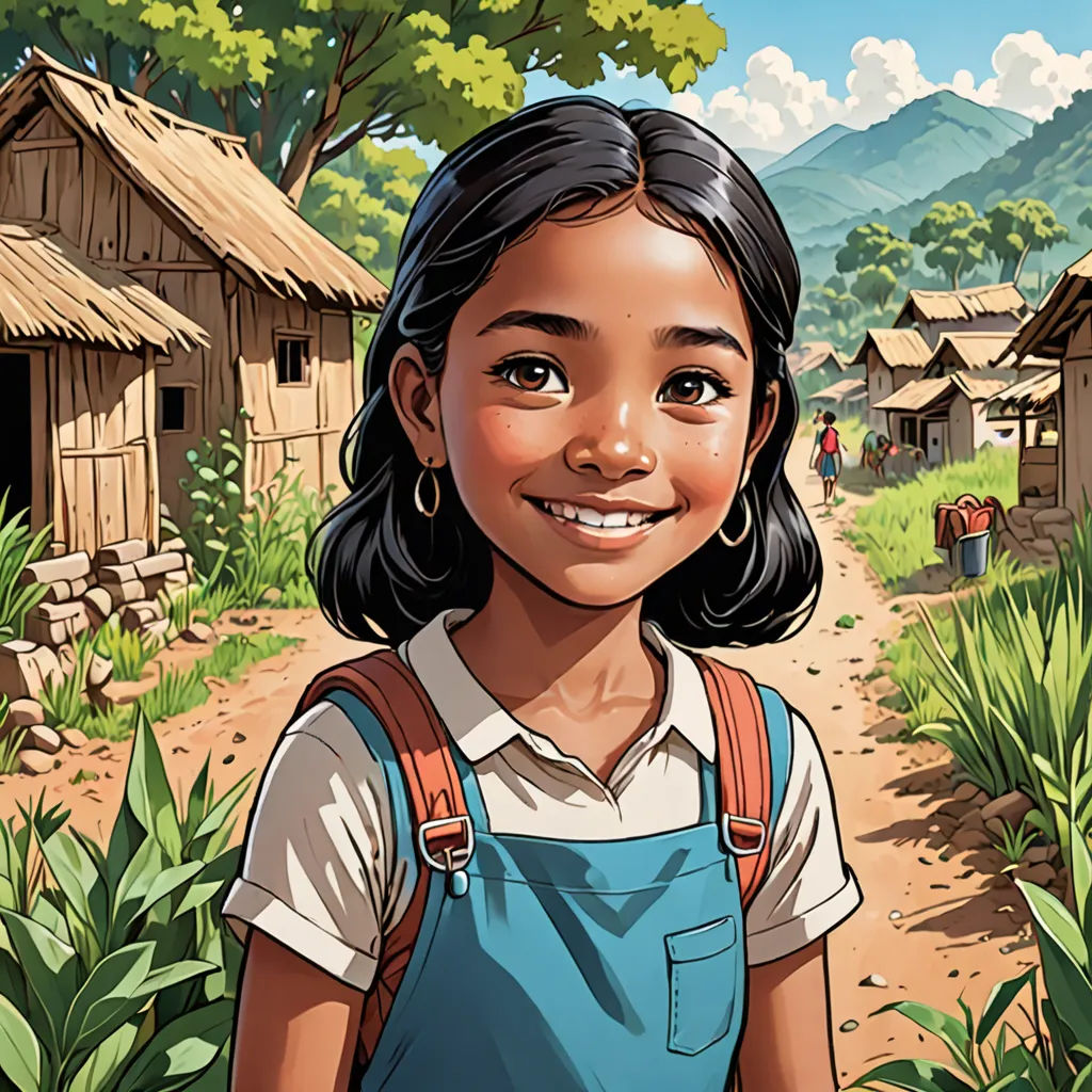 a cartoon girl standing in front of a village with a dirt road and a small hut on the other side, primitivism, a storybook illustration, Ella Guru, comic cover art