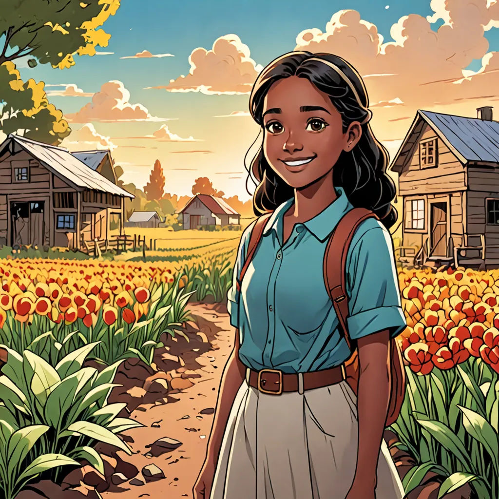a girl standing in a field of flowers with a house in the background and a sky with clouds above, regionalism, a comic book panel, Ella Guru, comic cover art