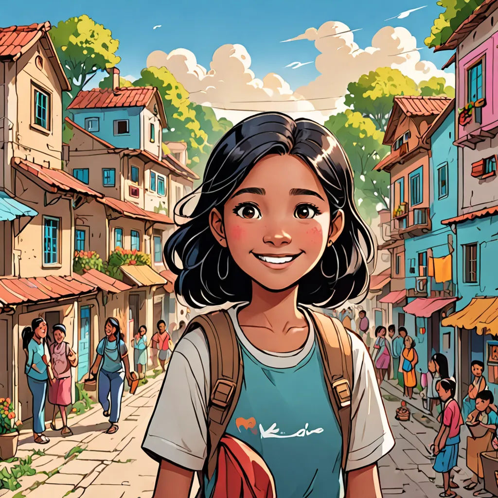 a cartoon of a girl standing in front of a street with people walking around her and a building with a red roof, magical realism, a comic book panel, Asaf Hanuka, comic cover art