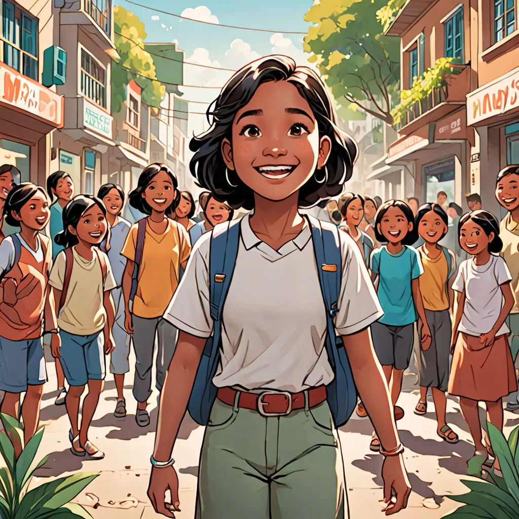 a cartoon of a girl in a school uniform standing in front of a crowd of people in a city, sumatraism, a storybook illustration, Basuki Abdullah, comic cover art