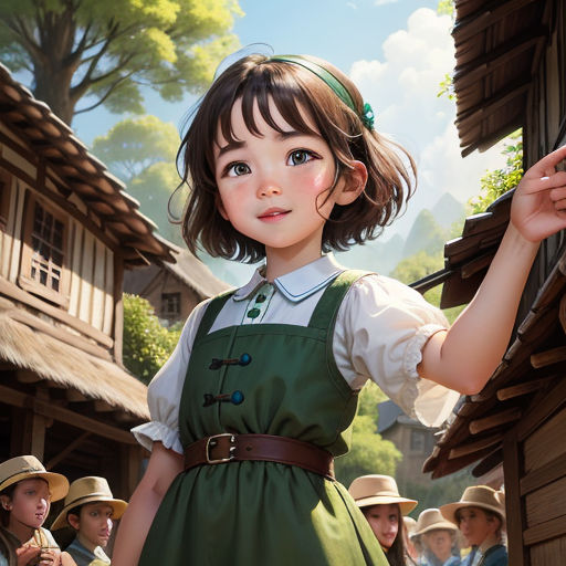 a young girl in a green dress standing in front of a house with a crowd of people behind her, fantasy art, a detailed painting, Chen Chun, stanley artgerm lau