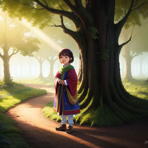 a painting of a child standing in a forest with a tree in the background and sunlight shining through the trees, sots art, a detailed matte painting, Du Jin, promotional image